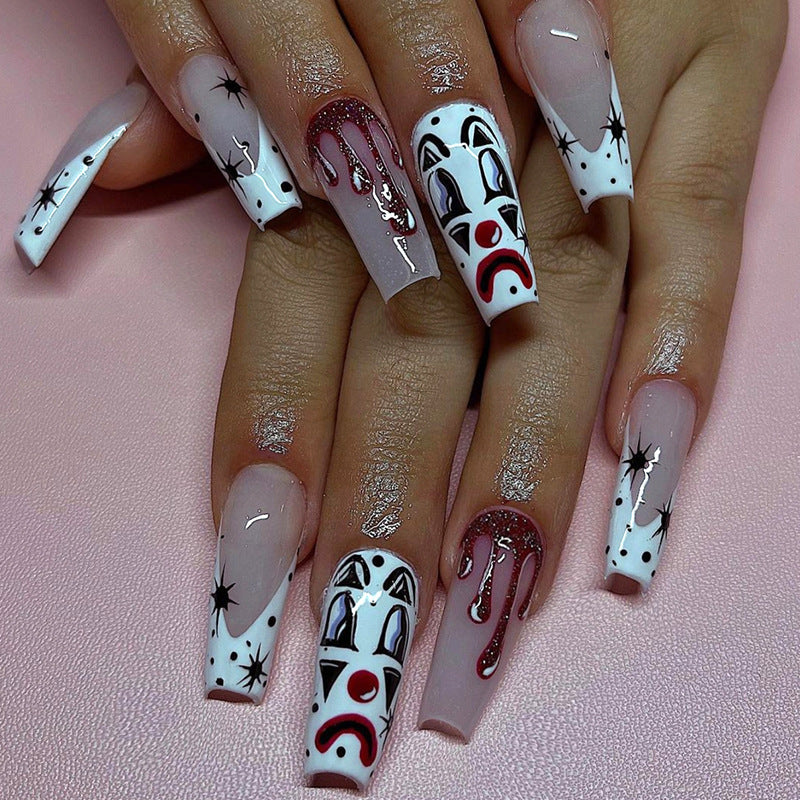 Crying Clown Long Square White Cartoon Press On Nails