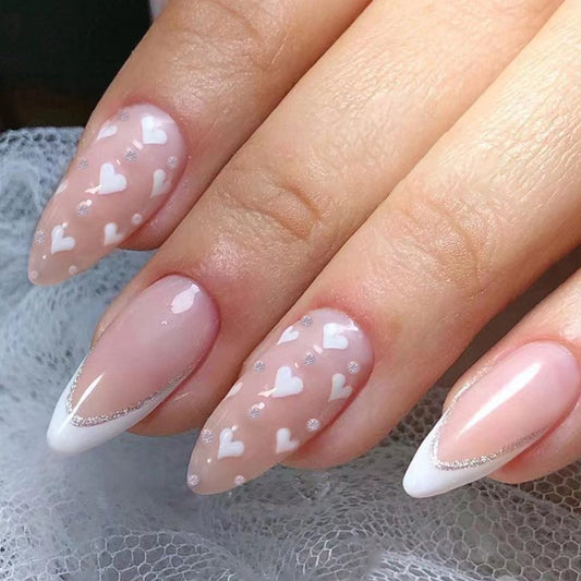 Family Love Medium Almond White Hearts Press On Nails