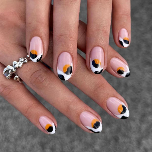 Expect It Short Round Black Abstract Press On Nails