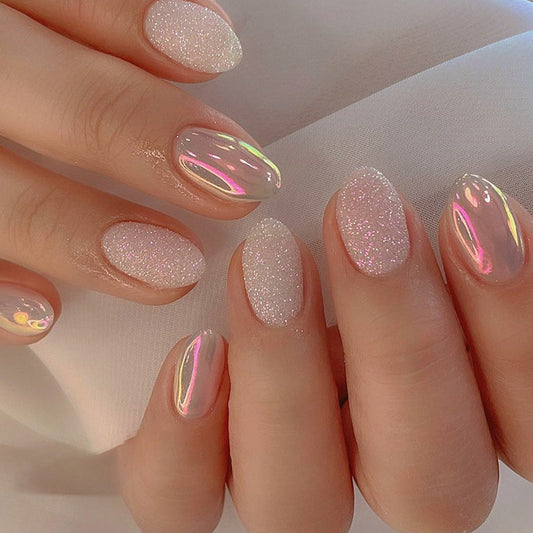 Interactive Short Round Pink Glitter Press On Nails