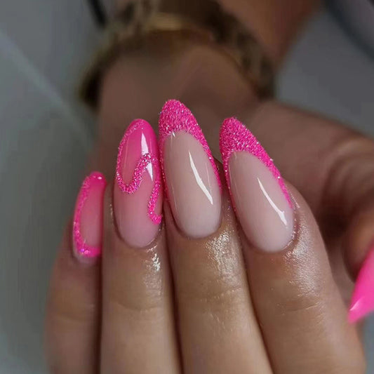 Barbie Glitter Medium Almond Pink Summer Press On Nails