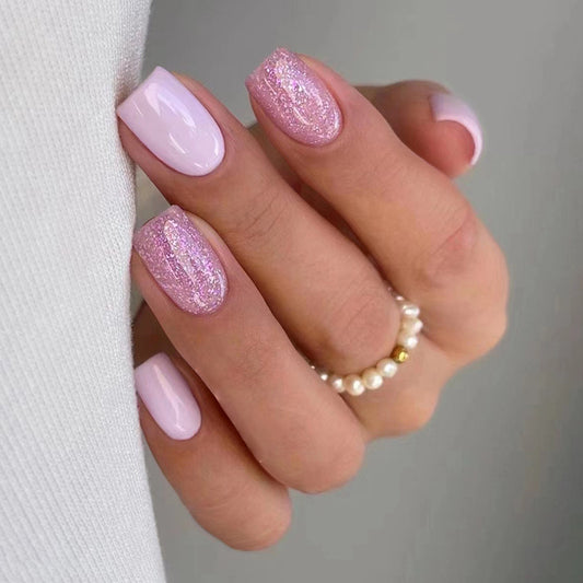 Barbie Car Short Square Pink Glitter Press On Nails