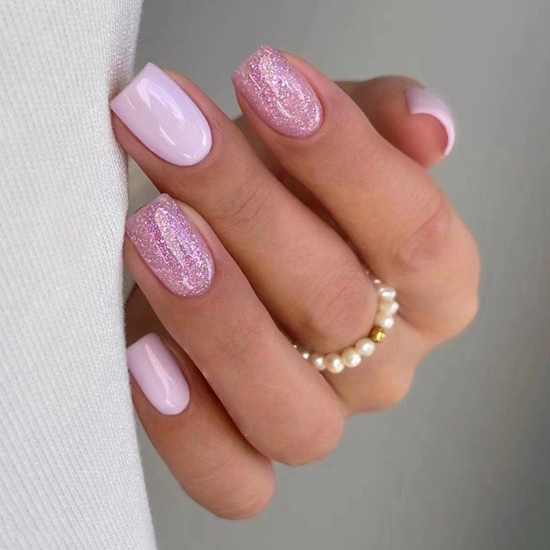 Barbie Car Short Square Pink Glitter Press On Nails