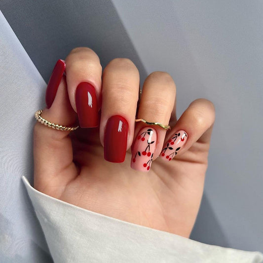 Cherry Pie Medium Square Red Summer Press On Nails