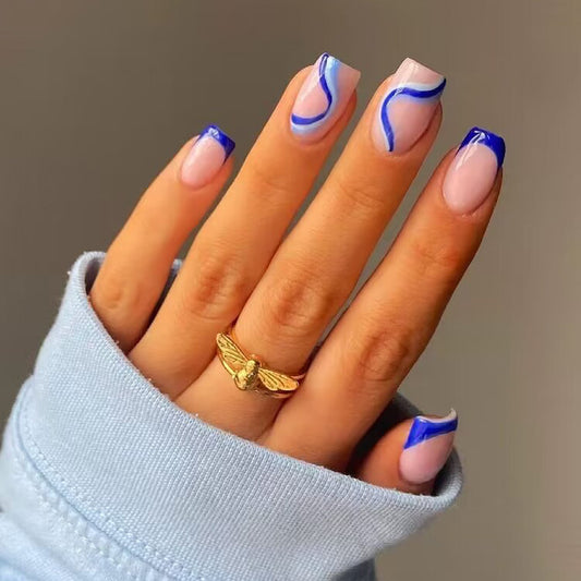 Sailor Medium Square Blue Groovy Press On Nails