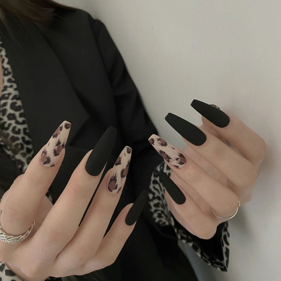 Safari Nights Long Coffin Press-On Nails in Matte Black and Leopard Print