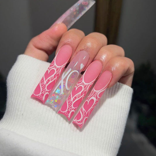 XOXO Long Coffin Pink Bold Press On Nails