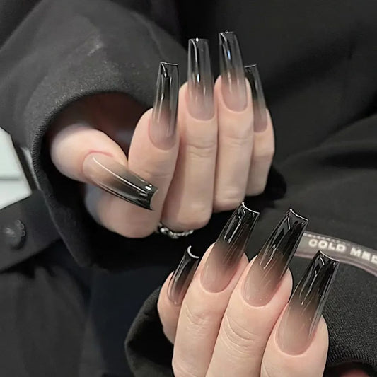 On The News Long Square Black Glossy Press On Nails