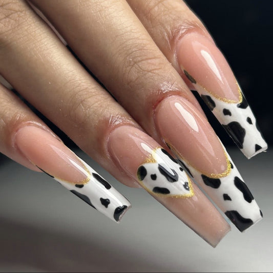 Stand Up Long Coffin Beige Cow Press On Nails