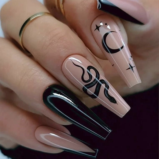Mystic Moonlight Extra Long Coffin Beige and Black Press-On Nails with Celestial Accents