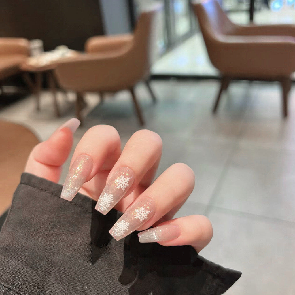 Winter Wonderland Long Coffin Translucent Press-On Nails with Sparkling Glitter and Snowflake Designs