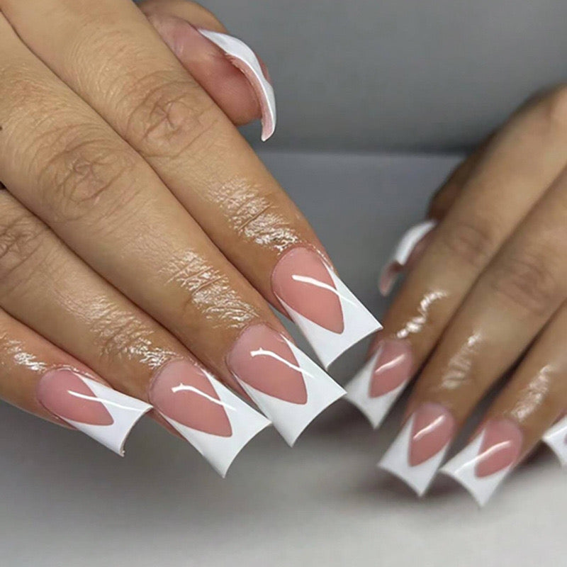 Chic Contrast Long Square Press-On Nails in Beige and White with Angular French Tip Design