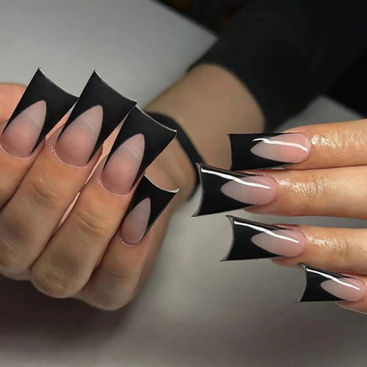 Edgy Elegance Extra Long Square Press-On Nails in Glossy Black with Negative Space Design