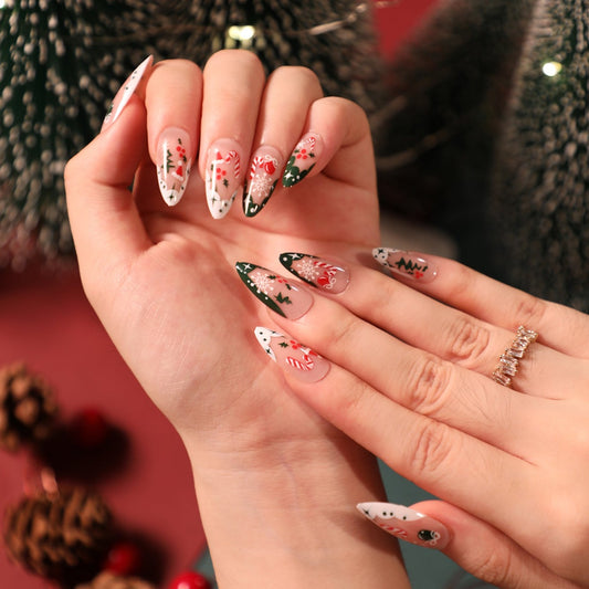 Santa's Village Long Almond Green Winter Press On Nails