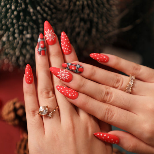 Plaid North Star Long Almond Red Winter Press On Nails