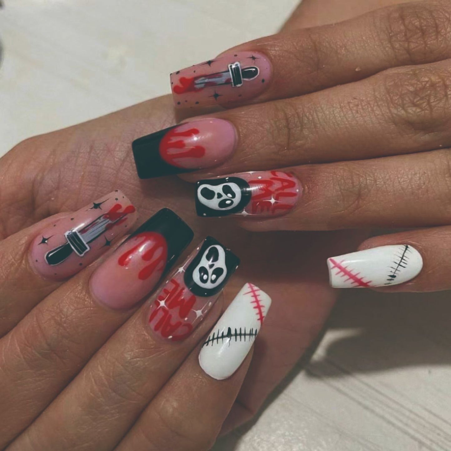 Call Me Scream Short Square Red Halloween Press On Nails