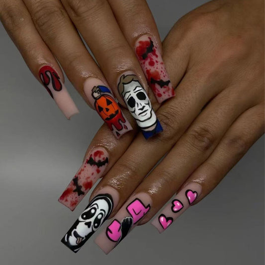 Villains Long Square Multicolor Halloween Press On Nails