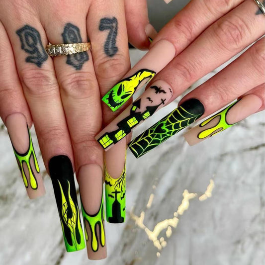 Nightmare Before Long Square Green Halloween Press On Nails