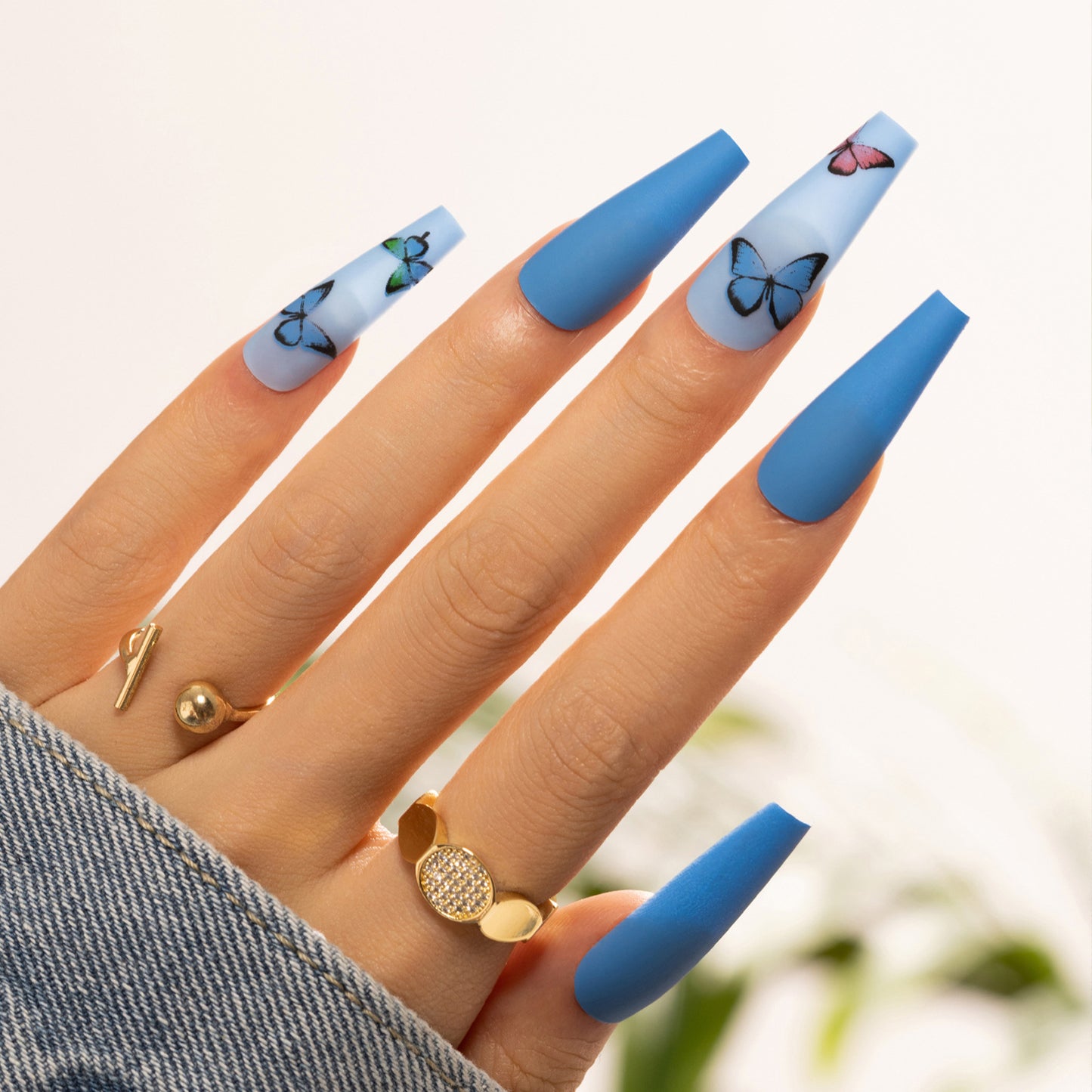 Skyward Dreams Extra Long Coffin Sky Blue Press On Nail Set with Butterfly Accents