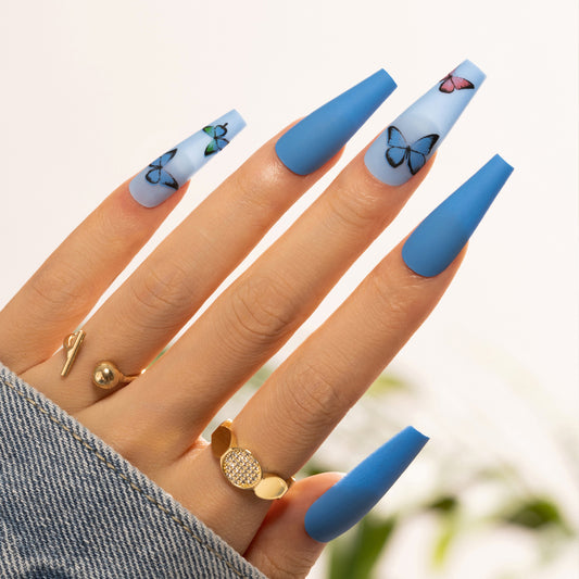 Skyward Dreams Extra Long Coffin Sky Blue Press On Nail Set with Butterfly Accents