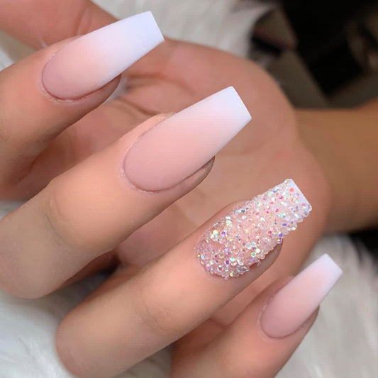 Bridal Bliss Long Coffin Baby Pink Press On Nails with Full Glitter Accent Nail