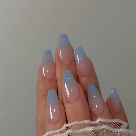 Serene Sky Short Coffin Press On Nail Set with Baby Blue Ombre and Glossy Finish