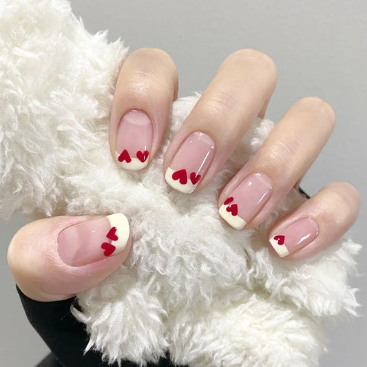 Hugs and Kisses Short Squoval Beige Press-On Nail Set with Red Heart Tips