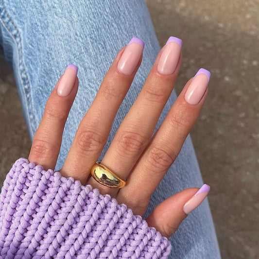 Lavender Dream Medium Coffin Beige Press On Nails with Purple French Tips