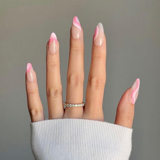 Soft Swirls Long Almond Beige Press On Nail Set with Pink Marble Effect