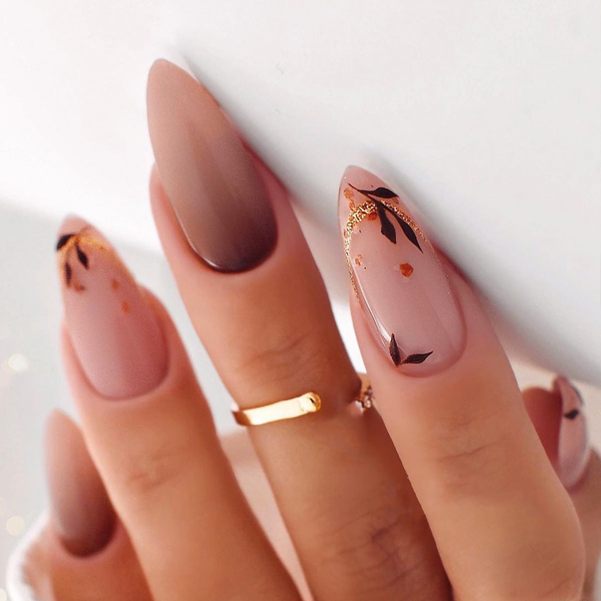 Autumn Elegance Medium Almond Matte Taupe Press On Nail Set with Gold Foil Accents