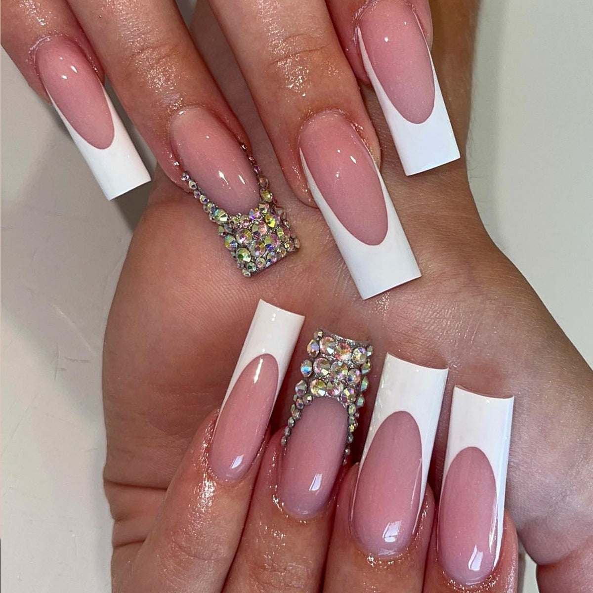 Luxury Bridal Long Square Beige and White French Tip Press-On Nail Set with Rhinestone Embellishments