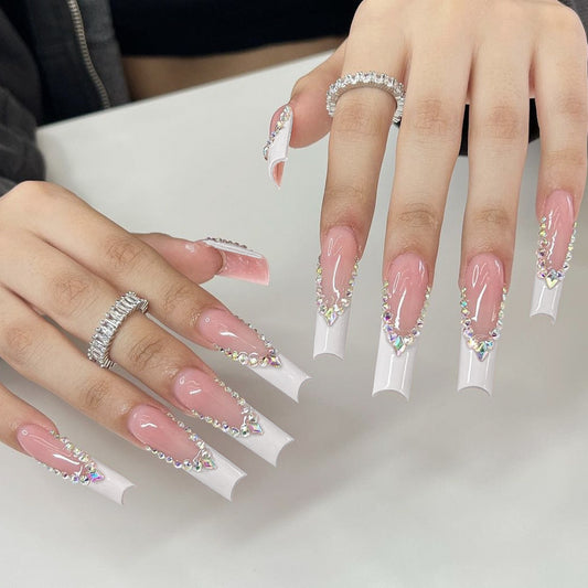 Glitzy Gala Long Coffin Pink to White Ombre Press On Nails with Rhinestone Embellishments