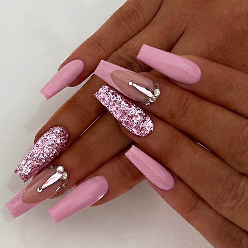 Glamour Pink Long Coffin Baby Pink Press On Nail Set with Glitter Accents and Rhinestone Embellishments