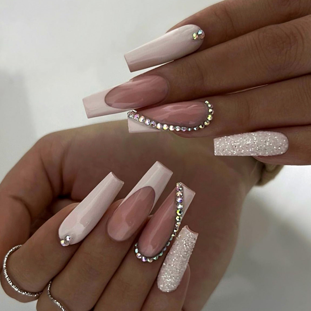 Bridal Bliss Long Coffin Soft Pink Press-On Nail Set with Glitter Accent and Rhinestone Embellishments