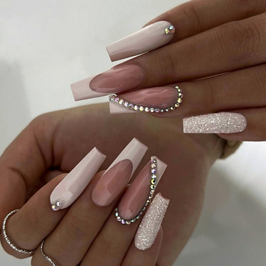 Bridal Bliss Long Coffin Soft Pink Press-On Nail Set with Glitter Accent and Rhinestone Embellishments
