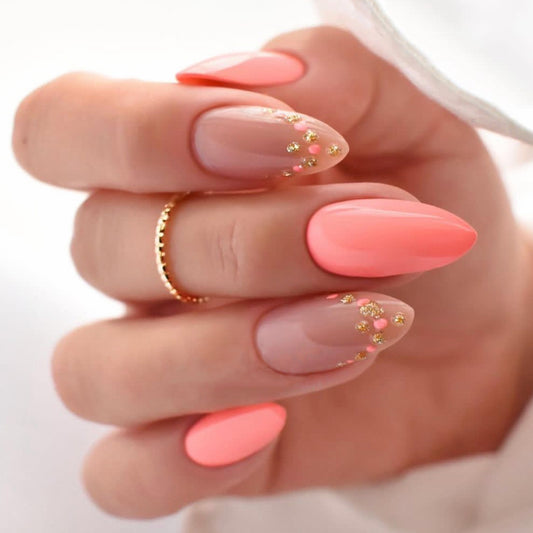 Coral Charm Medium Almond Press On Nail Set with Gold Glitter Embellishments
