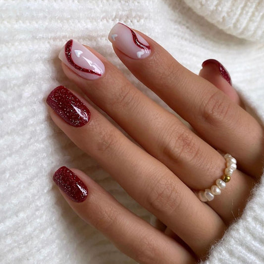 Winterberry Charm Medium Square Press On Nail Set, Glittering Burgundy and Sheer White with Heart Accents