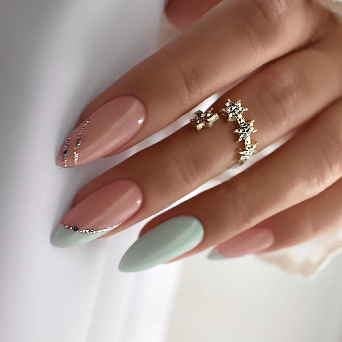 Sophisticated Glitter Long Almond Beige and Mint Press-On Nail Set with Silver Sparkle Detail