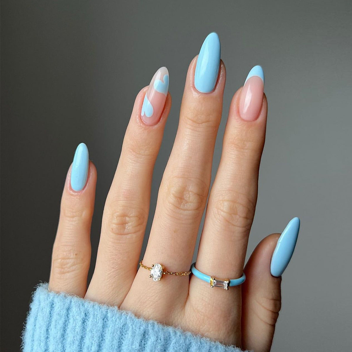 Winter Whisper Medium Almond Baby Blue and Beige Press On Nails with Heart Design