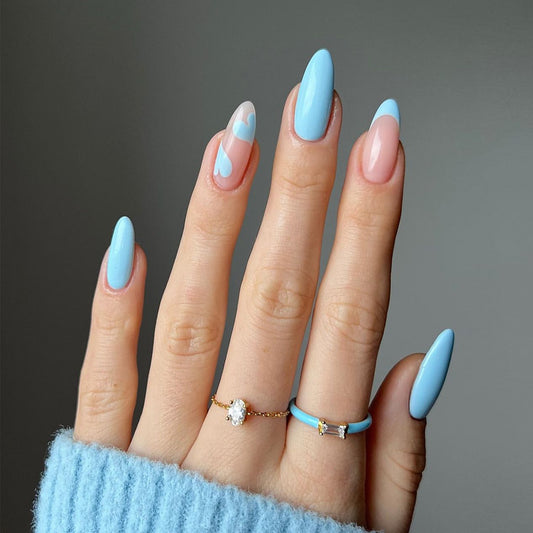 Winter Whisper Medium Almond Baby Blue and Beige Press On Nails with Heart Design