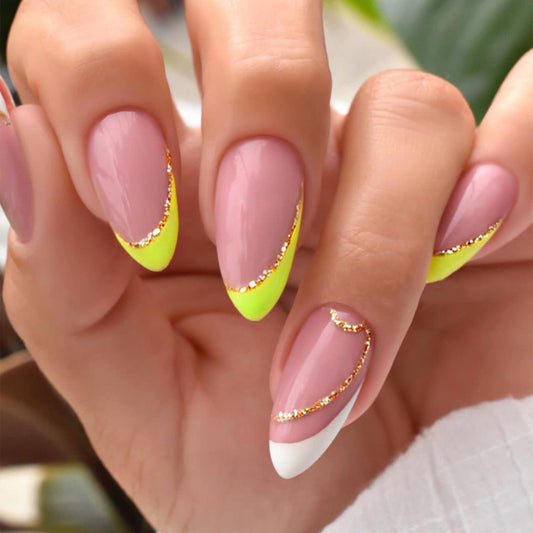 Sunshine Bliss Long Almond Pink and Neon Yellow Press On Nails with Gold Accents