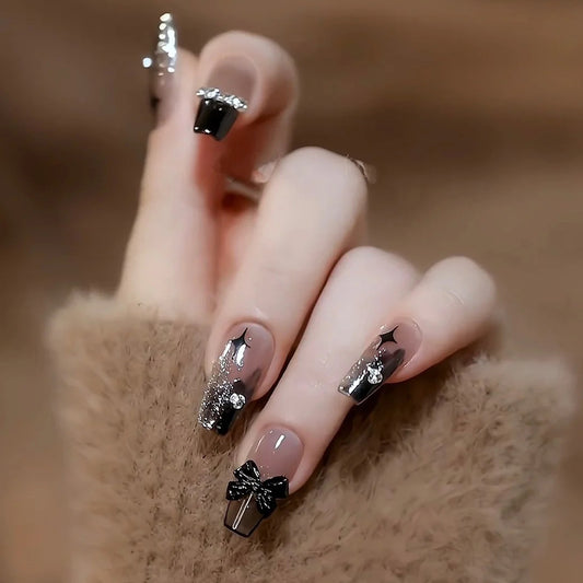 Luxury Evening Medium Coffin Mauve Press On Nails with Silver Glitter and Black Bow Accents