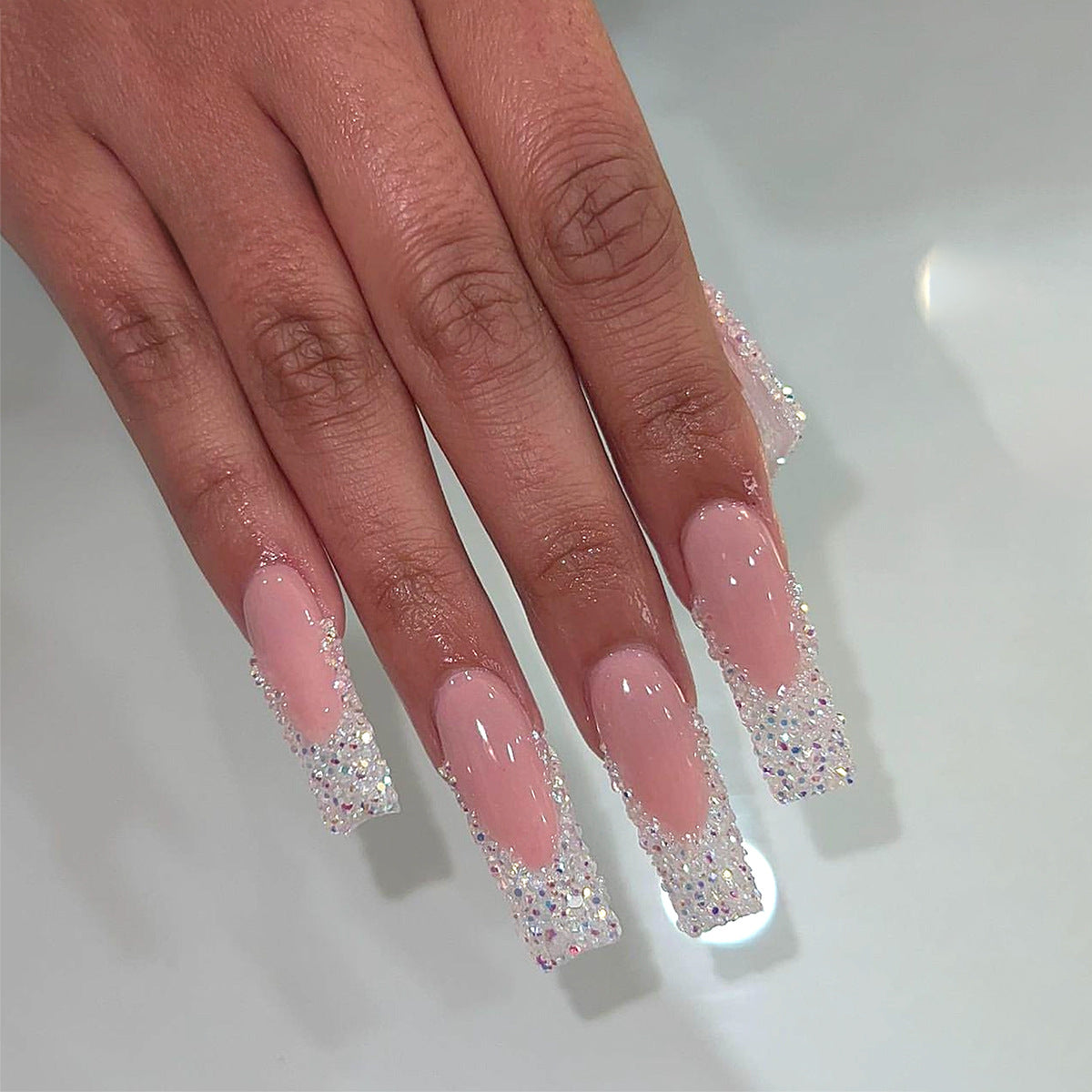 Elegant Long Coffin Blush Press-On Nails with Crystal Encrusted Tips
