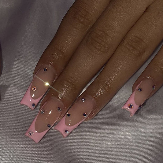 Glamorous Long Coffin Baby Pink Press On Nails with Crystal Embellishments
