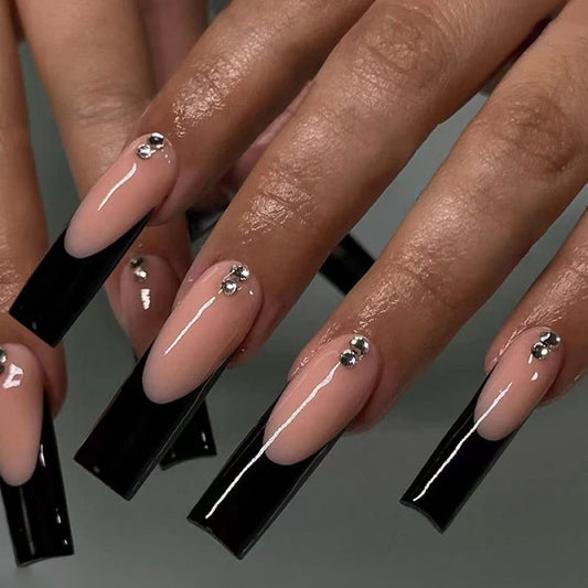 Elegant Soir‚âàŒ©e Long Square Beige and Black French Tip with Rhinestone Accents Press On Nail Set
