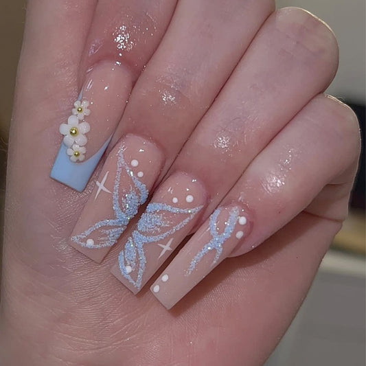 Ethereal Elegance Extra Long Coffin Baby Blue Press-On Nails with Opalescent Butterfly Art and Pearl Embellishments