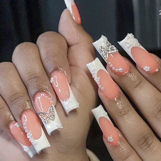 Elegant Wedding Long Square Peach Press On Nails with White Lace Detail and Gemstone Accents