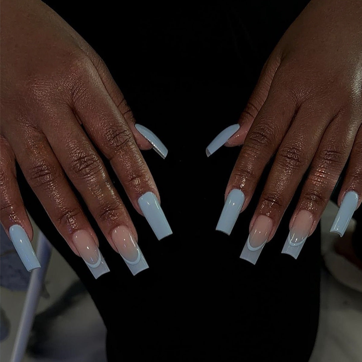 Moonlight Glow Long Square Pale Blue Ombre French Tip Press On Nail Set