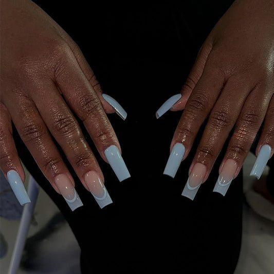 Moonlight Glow Long Square Pale Blue Ombre French Tip Press On Nail Set