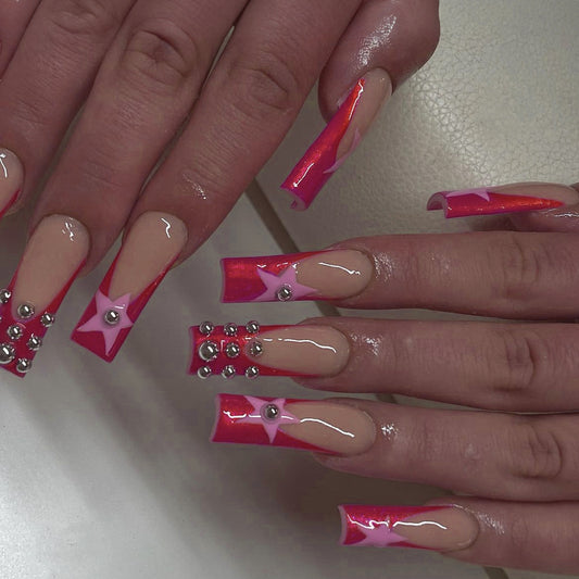 Vibrant Party Long Square Glossy Pink Press On Nails with Rhinestone Embellishments and Star Accents